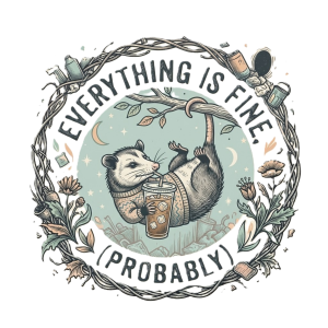 Opossum drinking iced coffee with “Everything Is Fine (Probably)” text