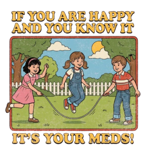 Retro graphic reading “If You Are Happy and You Know It, It’s Your Meds” with children jumping rope