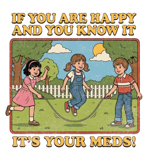 Retro graphic reading “If You Are Happy and You Know It, It’s Your Meds” with children jumping rope